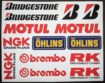 Set adesivi decalcomanie sponsor Bridgestone Honda Suzuki MOTUL Ohlins NGK RK Race