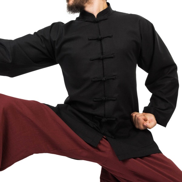 Chemise en coton et lin (milieu) Kung Fu Qi Gong Tai Chi - Pour veste d'arts martiaux col montant manches longues