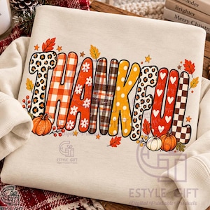 Thankful PNG, Leopard Plaid Checkered Patchwork Letters Fall Sublimation, Distressed Autumn Pumpkin Thanksgiving Design, Digital Download