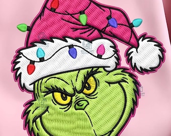Embroidered Grinc Christmas Lights png, Preppy Christmas png, Pink Christmas png, Santa png, Christmas Movie png, Cute Xmas png, Holiday png