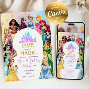 May include: A digital invitation featuring princess characters, with the text "Five years of Magic". A smartphone displays the same design. The invitation includes event details. The words "Digital Download" are at the bottom.