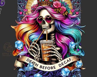 Sarcastische DECAF heks clipart, Halloween tarotkaart PNG, Witchy skelet horror sublimatie ontwerp, Death Before, Tarot Witchy esthetiek png