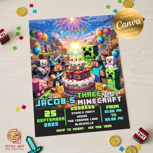 May include: A colorful Minecraft-themed birthday invitation with the text "Three Years of Jacob's Minecraft." The invitation includes the date, time, and location of the party, along with Minecraft characters and a birthday cake.