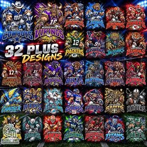 May include: A digital collection of 32 American football team designs featuring stylized players, mascots, and team logos with vibrant, explosive color effects. The text 32 PLUS DESIGNS is prominently displayed in the upper left corner of the image.