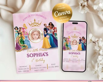 Invitación de cumpleaños de princesa, invitación de princesa personalizada, invitación de fiesta de princesa, invitación de princesas para niñas, Canva editable en dorado pastel