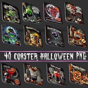 Puede incluir: Un conjunto de posavasos con temática de Halloween con diseños de cócteles. Cada posavasos presenta una ilustración única, incluyendo una poción de bruja y un cóctel de gato negro. El texto "40 COSTER HALLOWEEN PNG" es visible.