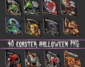 40 sous-verres d'Halloween, sous-verres carrés Png, Sublimation Bundles, Sous-verres de tasse Png, Mug sublimation Png, Designs de tasses d'Halloween