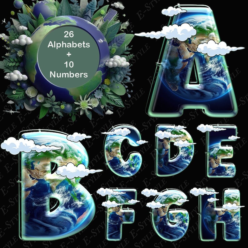 Earth Day Alphabets PNG, School and Educational Projects, Dtf, Number