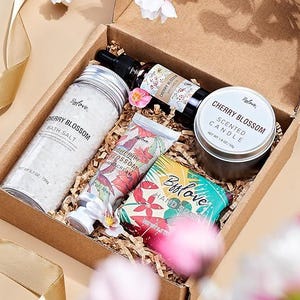 Cherry Blossom Spa Gift Set: Scented Candle, Bath Salts & Massage Oil
