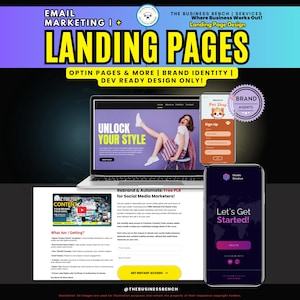 May include: A promotional image for landing page design services. The image features a laptop displaying a website, a smartphone with a mobile app interface, and a tablet. Text includes "Email Marketing", "Landing Pages", and "Unlock Your Style".