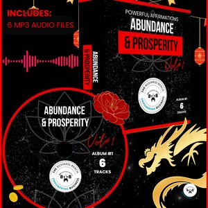 May include: A red and black CD cover with a gold dragon design. The cover features the text "Abundance & Prosperity Vol. #1" and "The Business Bench Empowering Business".