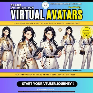 May include: Graphic promoting "Virtual Avatars" with text: "Brand Optimization" and "Brand Identity." The image features anime-style characters in white suits, holding tablets. Text includes "Full Body Vtuber Model Design" and "Start Your Vtuber Journey!"