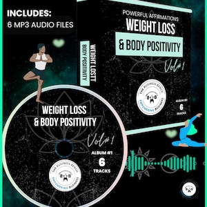 May include: A black and green digital album cover with a white lotus flower design. The album title is "Weight Loss & Body Positivity Vol#1" and it includes 6 MP3 audio files. The album cover also features a stylized logo for "The Business Bench Empowering Business".