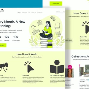 Pu&ograve; includere: Design del sito web in verde acqua e verde lime, che promuove collezioni letterarie. Il design include illustrazioni di libri e una persona che legge. Il testo include "Ogni mese, un nuovo inizio" e "Come funziona".