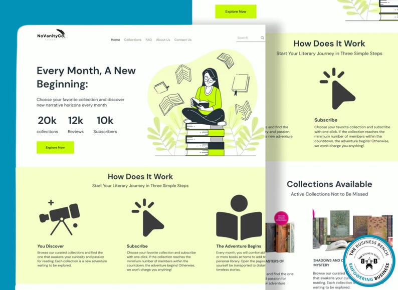 Pu&ograve; includere: Design del sito web in verde acqua e verde lime, che promuove collezioni letterarie. Il design include illustrazioni di libri e una persona che legge. Il testo include "Ogni mese, un nuovo inizio" e "Come funziona".