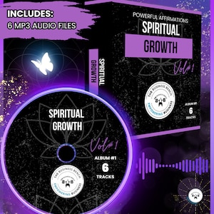May include: Purple and black CD cover with a butterfly design. The title is "Spiritual Growth Vol #1" and it includes 6 MP3 audio files. The text "Powerful Affirmations" is also visible.