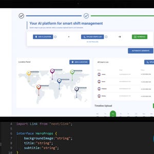 Pu&ograve; includere: Interfaccia digitale su tablet per la gestione intelligente dei turni. Lo schermo mostra una mappa del mondo con indicatori di posizione, elenchi utenti e pulsanti "Aggiungi una posizione" e "Carica elenco utenti". Codice in basso.