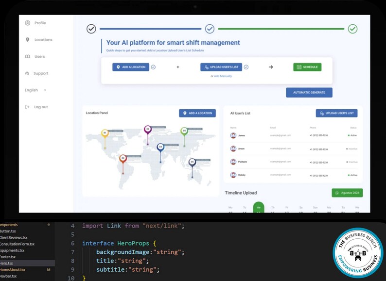 Pu&ograve; includere: Interfaccia digitale su tablet per la gestione intelligente dei turni. Lo schermo mostra una mappa del mondo con indicatori di posizione, elenchi utenti e pulsanti "Aggiungi una posizione" e "Carica elenco utenti". Codice in basso.