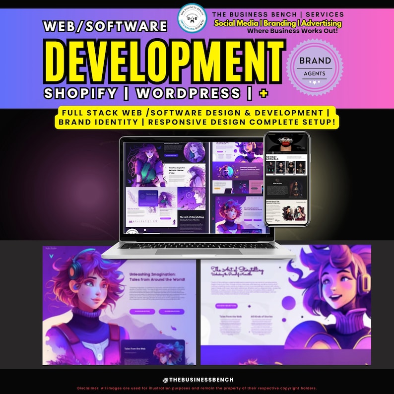 Pu&ograve; includere: Immagine promozionale per servizi di sviluppo web e software. L'immagine presenta un laptop e uno smartphone che mostrano progetti di siti web, con il testo "WEB/SOFTWARE DEVELOPMENT" e "SHOPIFY | WORDPRESS | +."