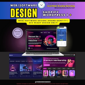 Pode incluir: Imagem promocional para serviços de design web e software. A imagem apresenta um laptop exibindo uma interface de site, um smartphone com um design de aplicativo móvel e uma interface de site. O texto inclui "WEB/SOFTWARE DESIGN", "SHOPIFY WORDPRESS" e "BRAND AGENTS".