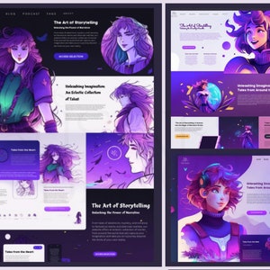 Pu&ograve; includere: Design di un sito web in viola e bianco, con illustrazioni di una donna con i capelli viola. Il testo include "The Art of Storytelling" e "Unleashing Imagination". Il sito promuove racconti da tutto il mondo, con un'estetica moderna e artistica.