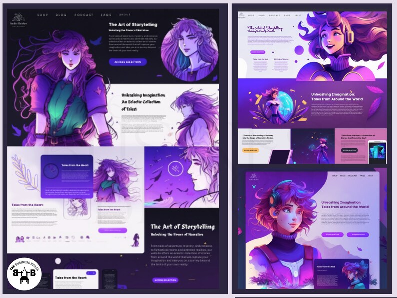 Pu&ograve; includere: Design di un sito web in viola e bianco, con illustrazioni di una donna con i capelli viola. Il testo include "The Art of Storytelling" e "Unleashing Imagination". Il sito promuove racconti da tutto il mondo, con un'estetica moderna e artistica.