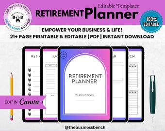 Digital Daily Retirement Planner 2023 Template - Editable & Printable -Canva Compatible Business Planner for Effective Planning and Growth