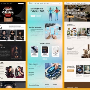 Pu&ograve; includere: Design del sito web con tre sezioni. La prima sezione presenta una donna con un cappello, con il testo "Capsule Collection". La seconda sezione promuove la tecnologia. La terza sezione mostra l'arredamento della casa con il testo "Handmade For your home."