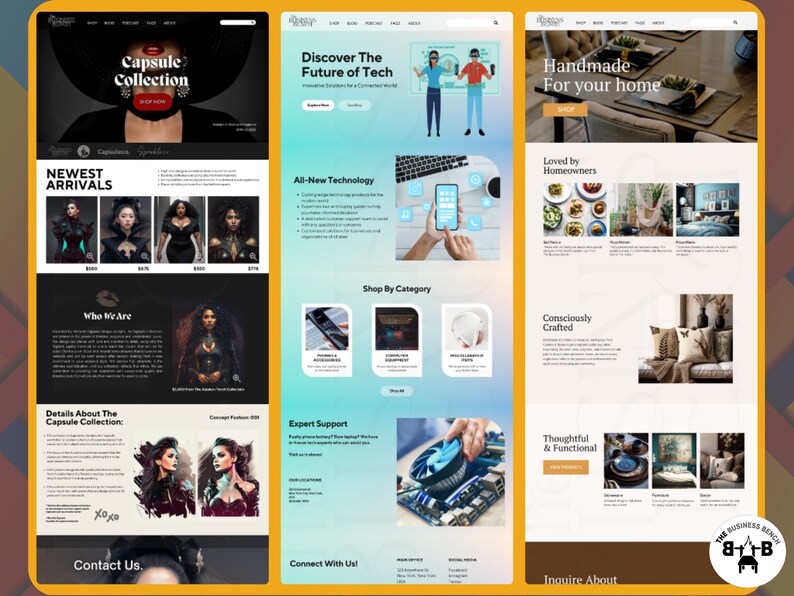 Pu&ograve; includere: Design del sito web con tre sezioni. La prima sezione presenta una donna con un cappello, con il testo "Capsule Collection". La seconda sezione promuove la tecnologia. La terza sezione mostra l'arredamento della casa con il testo "Handmade For your home."