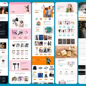 Pu&ograve; includere: Una serie di schermate di siti web su sfondo blu. I siti web presentano una variet&agrave; di prodotti, tra cui biscotti, strumenti per lo styling dei capelli, abbigliamento, cura della pelle e prodotti per la cura della barba. Ogni sito web ha un design e un focus di prodotto unici.