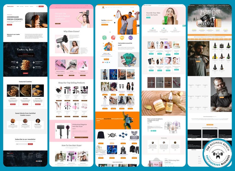 Pu&ograve; includere: Una serie di schermate di siti web su sfondo blu. I siti web presentano una variet&agrave; di prodotti, tra cui biscotti, strumenti per lo styling dei capelli, abbigliamento, cura della pelle e prodotti per la cura della barba. Ogni sito web ha un design e un focus di prodotto unici.