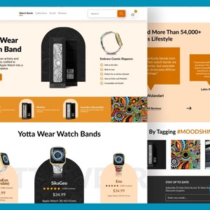 Pu&ograve; includere: Sito web che presenta cinturini per orologi Yotta Wear. La pagina presenta vari design di cinturini, tra cui AmaraEvo, SikaGeo ed Eno. Il sito mette in evidenza l'arte africana e l'eleganza moderna, con un invito all'azione "Acquista ora".