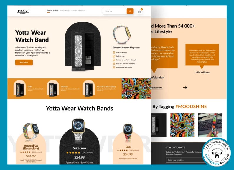 Pu&ograve; includere: Sito web che presenta cinturini per orologi Yotta Wear. La pagina presenta vari design di cinturini, tra cui AmaraEvo, SikaGeo ed Eno. Il sito mette in evidenza l'arte africana e l'eleganza moderna, con un invito all'azione "Acquista ora".