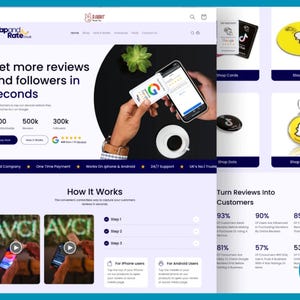 Pu&ograve; includere: Schermata di un sito web che promuove servizi per ottenere recensioni e follower. La pagina mostra un telefono con una scheda di recensione di Google, biglietti del negozio e portachiavi. Il testo recita: "Ottieni pi&ugrave; recensioni e follower in pochi secondi."