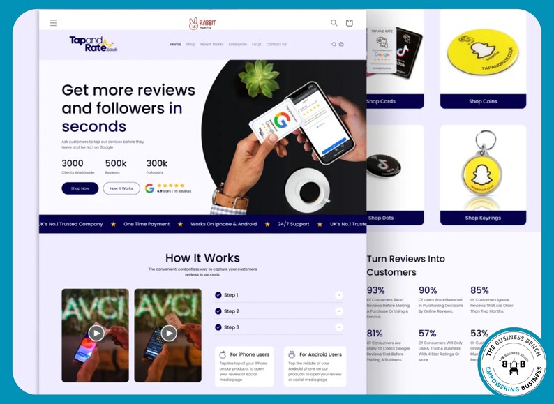 Pu&ograve; includere: Schermata di un sito web che promuove servizi per ottenere recensioni e follower. La pagina mostra un telefono con una scheda di recensione di Google, biglietti del negozio e portachiavi. Il testo recita: "Ottieni pi&ugrave; recensioni e follower in pochi secondi."