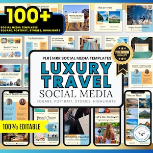 May include: A collage of social media templates for luxury travel businesses. The templates are in square, portrait, story, and highlight formats. The templates feature images of beaches, mountains, and other travel destinations. The text on the templates includes phrases like "Beach Tours", "Let's Go, Discover!" and "Shopping Voucher".