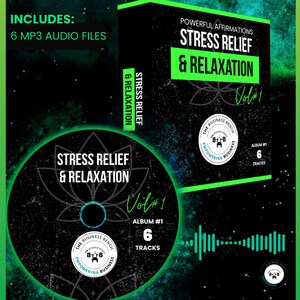 May include: A green and black CD cover with the text "Stress Relief & Relaxation Vol#1" and "The Business Bench Empowering Business". The cover features a green lotus flower and a black background with stars. The CD cover includes 6 MP3 audio files.