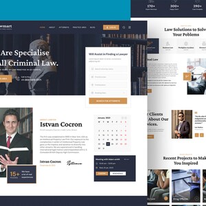 Pu&ograve; includere: Design del sito web per uno studio legale, con una combinazione di colori blu scuro e oro. La homepage include il testo "We Are Specialise In All Criminal Law". Altre sezioni includono la ricerca di avvocati e i servizi ai clienti.