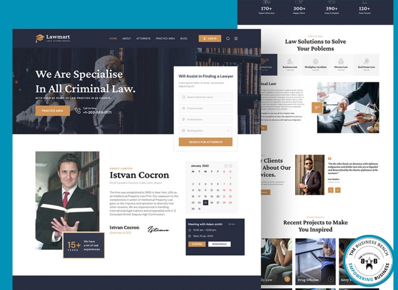Pu&ograve; includere: Design del sito web per uno studio legale, con una combinazione di colori blu scuro e oro. La homepage include il testo "We Are Specialise In All Criminal Law". Altre sezioni includono la ricerca di avvocati e i servizi ai clienti.