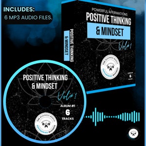 Può includere: Una copertina di download digitale nera e blu con il testo "Powerful Affirmations Positive Thinking & Mindset Vol #1" e "The Business Bench Empowering Business". La copertina include anche una grafica di un fiore di loto e un'onda sonora.