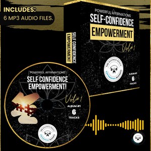 May include: A black and gold CD with the text "Powerful Affirmations Self Confidence Empowerment! Vol#1 Album #1 6 Tracks" and a logo for "The Business Bench Empowering Business".