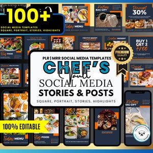 May include: A collage of social media templates for chefs and restaurants. The templates feature images of food, text overlays, and a logo for "Chef's Vault". The text "100+ Social Media Templates" is displayed in a large font at the top of the image.