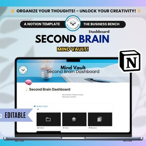 May include: A laptop screen displaying a Notion template for a "Second Brain" mind vault dashboard. The template is organized into sections for projects, areas, and resources. The screen is labeled "Mind Vault" and "Second Brain Dashboard". The template is 100% editable.