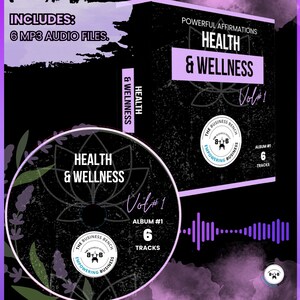 May include: A black and purple CD cover with the text "Health & Wellness Vol#1" and "The Business Bench Empowering Business" in a circle. The CD cover includes a picture of a purple flower and a CD with the same text.