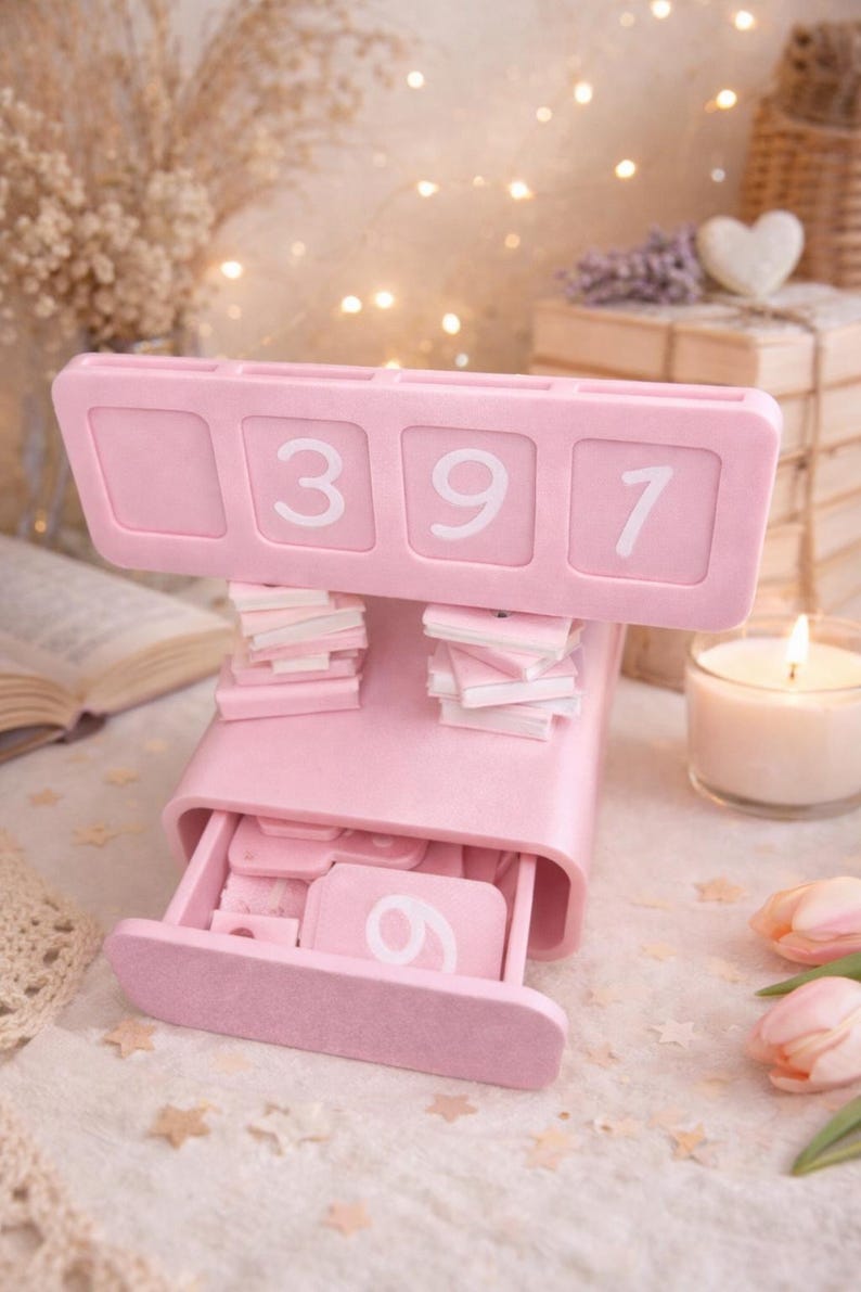 May include: A pink desk organizer with the numbers 397 displayed on top. The organizer has a drawer with the number 6 visible. Small stacks of pink cards are placed on top. A lit candle and flowers are in the background.