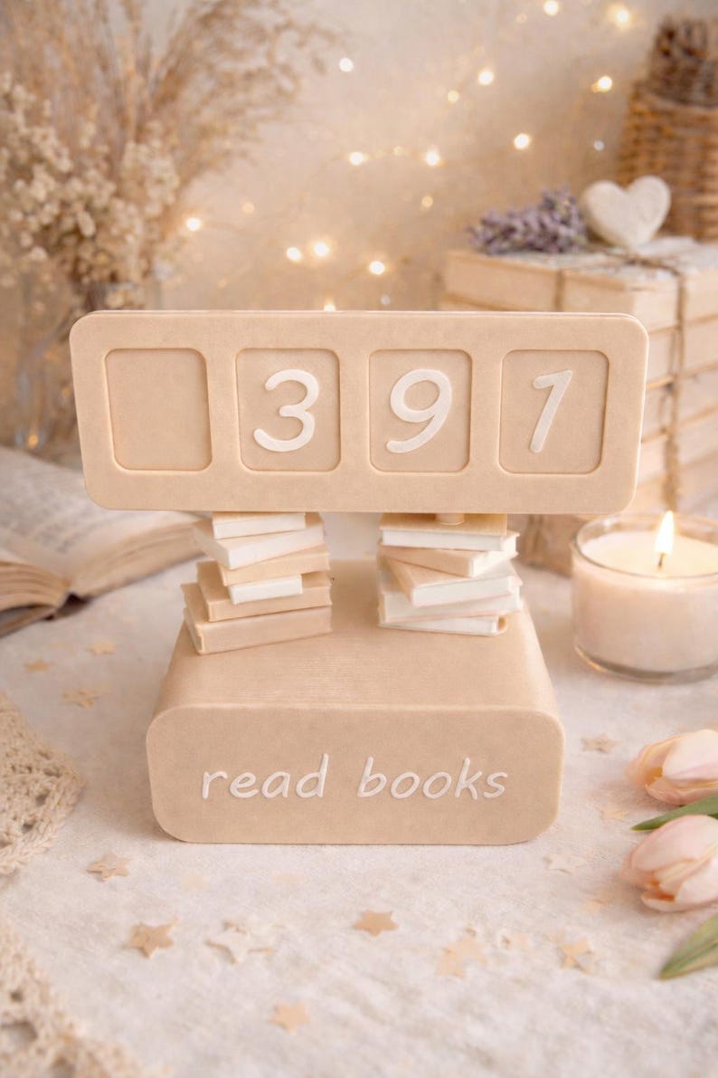 May include: A beige decorative book-shaped object with the text "read books" and the numbers "397" displayed. Small stacks of miniature books are placed below the numbers. The scene includes a lit candle and decorative elements.