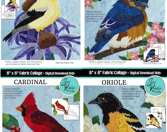 BIRD 4 Pack Fabric Collage Pattern, raw edge applique for art quilt