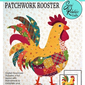 Puede incluir: Patrón de descarga digital para un collage de tela de gallo de patchwork. El gallo está hecho de recortes de tela coloridos y mide 40,6 cm por 45,7 cm. El patrón incluye instrucciones y piezas de patrón.