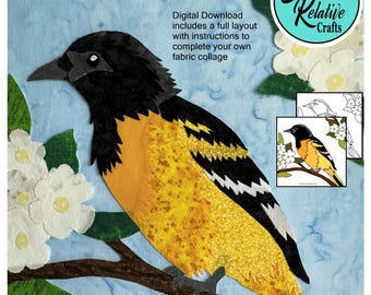 ORIOLE Fabric collage pattern, raw edge applique, art quilt