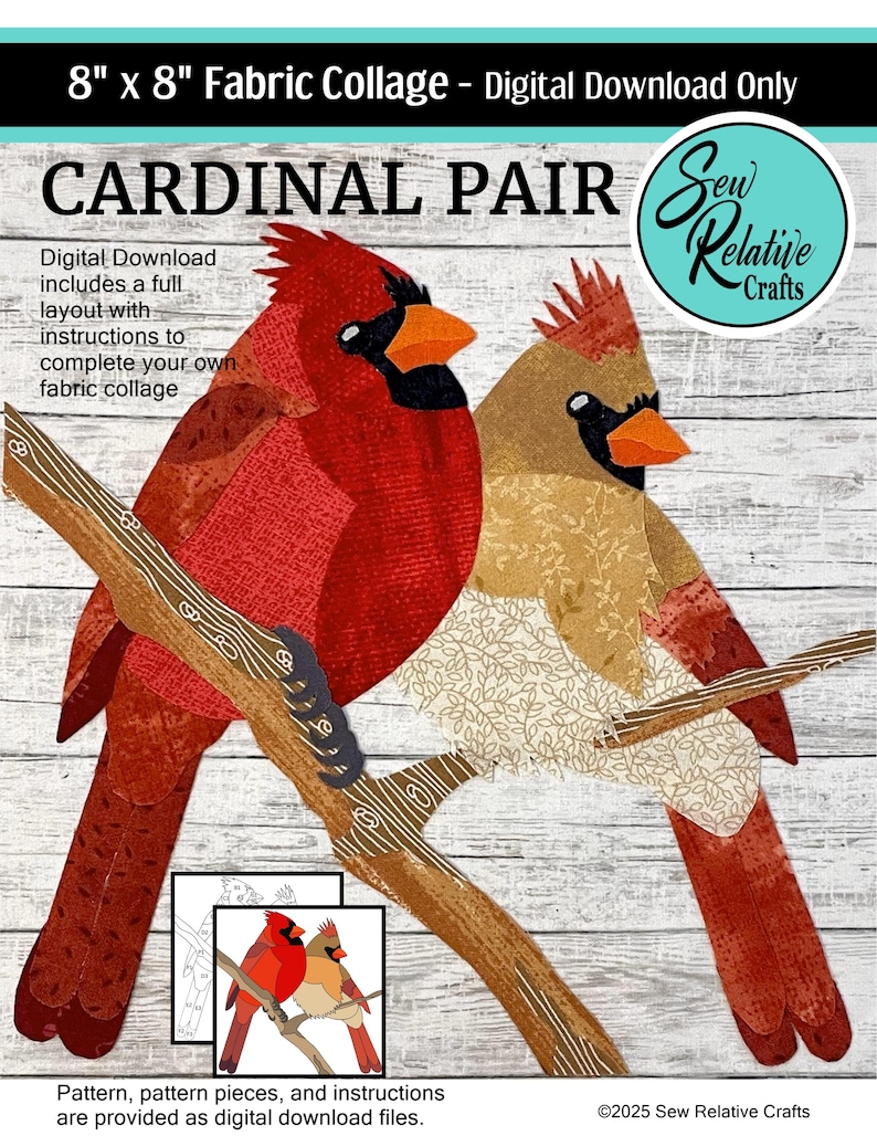 CARDINAL PAIR Fabric Collage Pattern, Raw Edge Applique, Art Quilt - Etsy